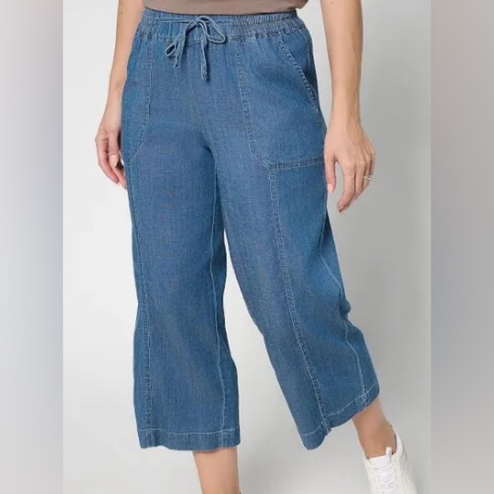 New AnyBody Drapey Denim Cropped Wide Leg Pull On Pants MediumWash MediumP